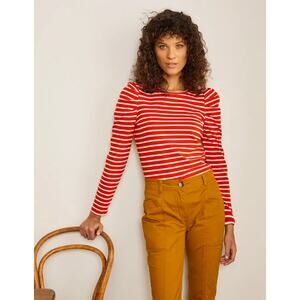 Boden Imogen Breton Stripe Red White Pleated Puff Sleeve Knit Top SZ 8